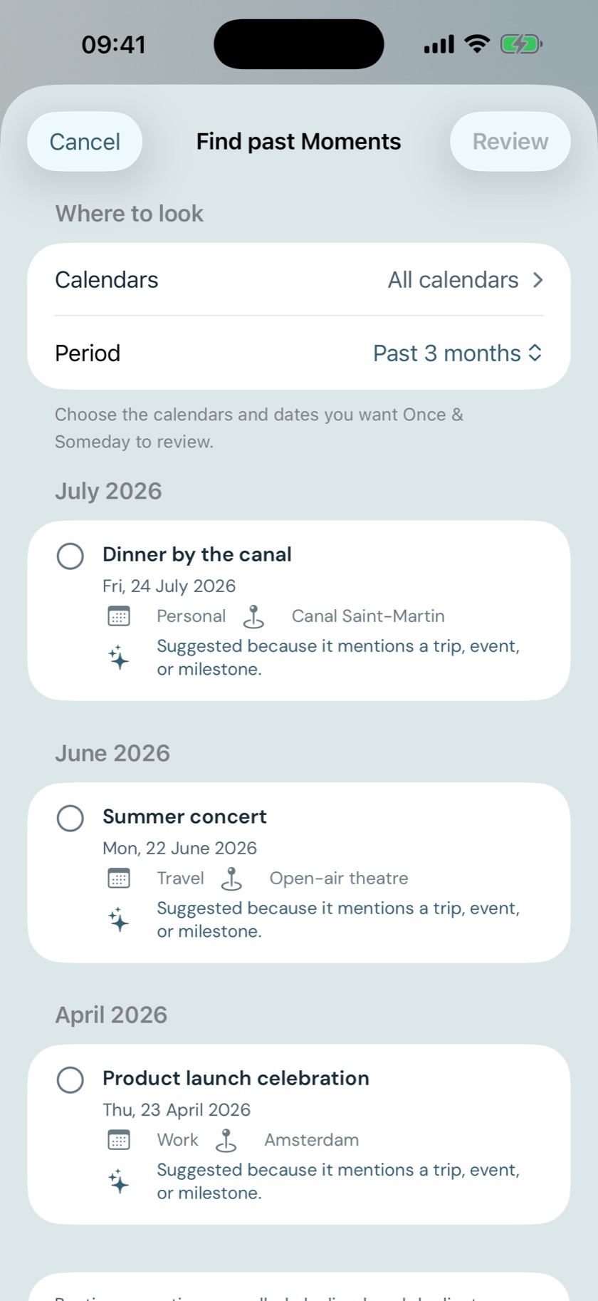 Calendar suggestions in Once & Someday on iOS 26, grouped by month for review before anything is saved