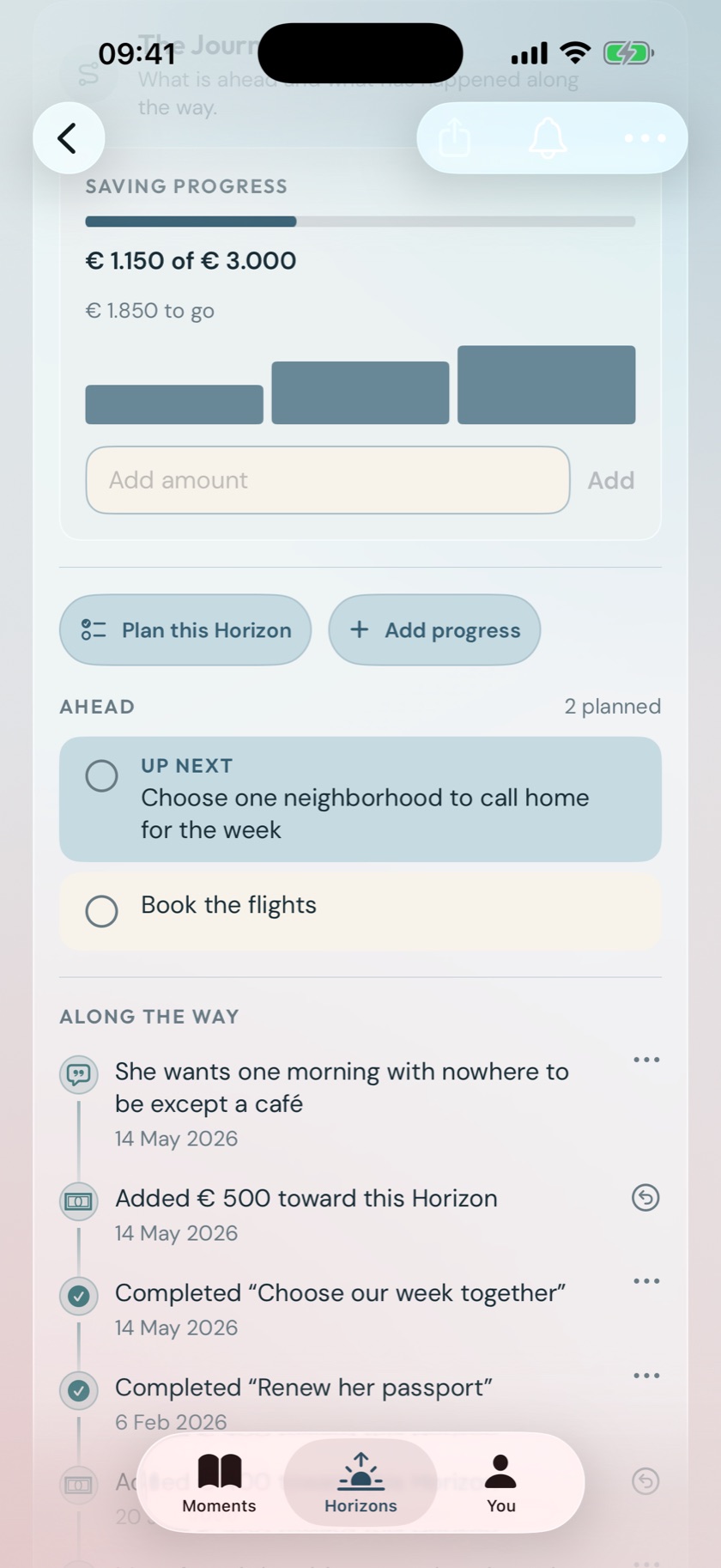 A Horizon Journey in Once & Someday on iOS 26 showing optional planning, saving progress, steps, and updates
