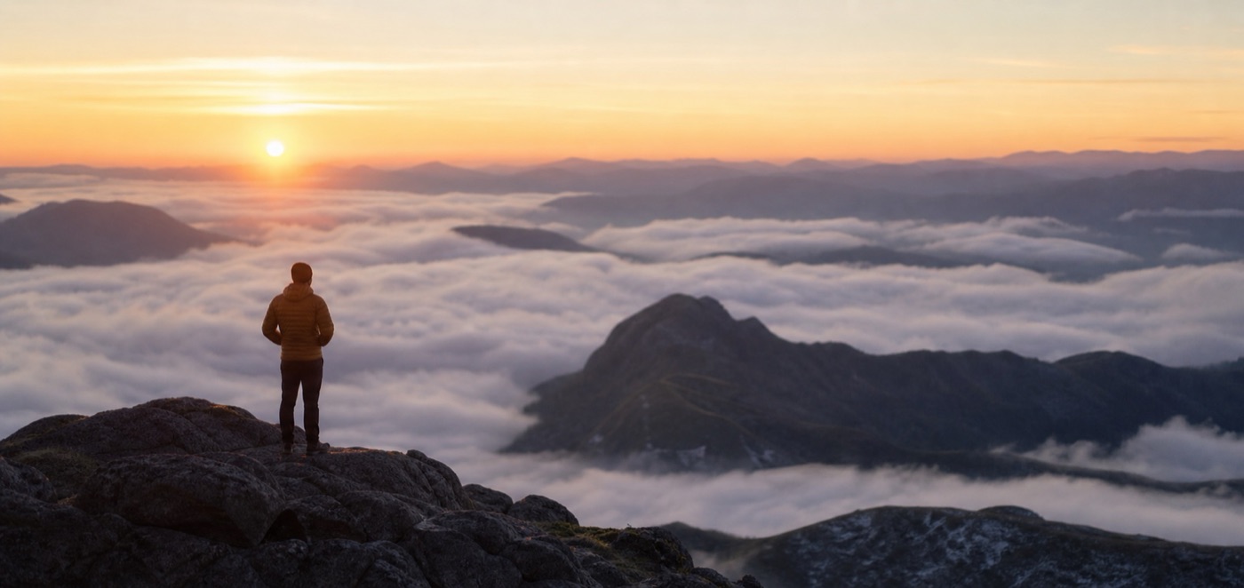 A person watching sunrise above a sea of clouds