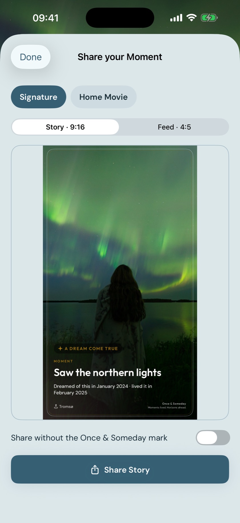 Signature share preview in Once & Someday on iOS 26, showing Story and Feed formats plus the Signature and Home Movie styles