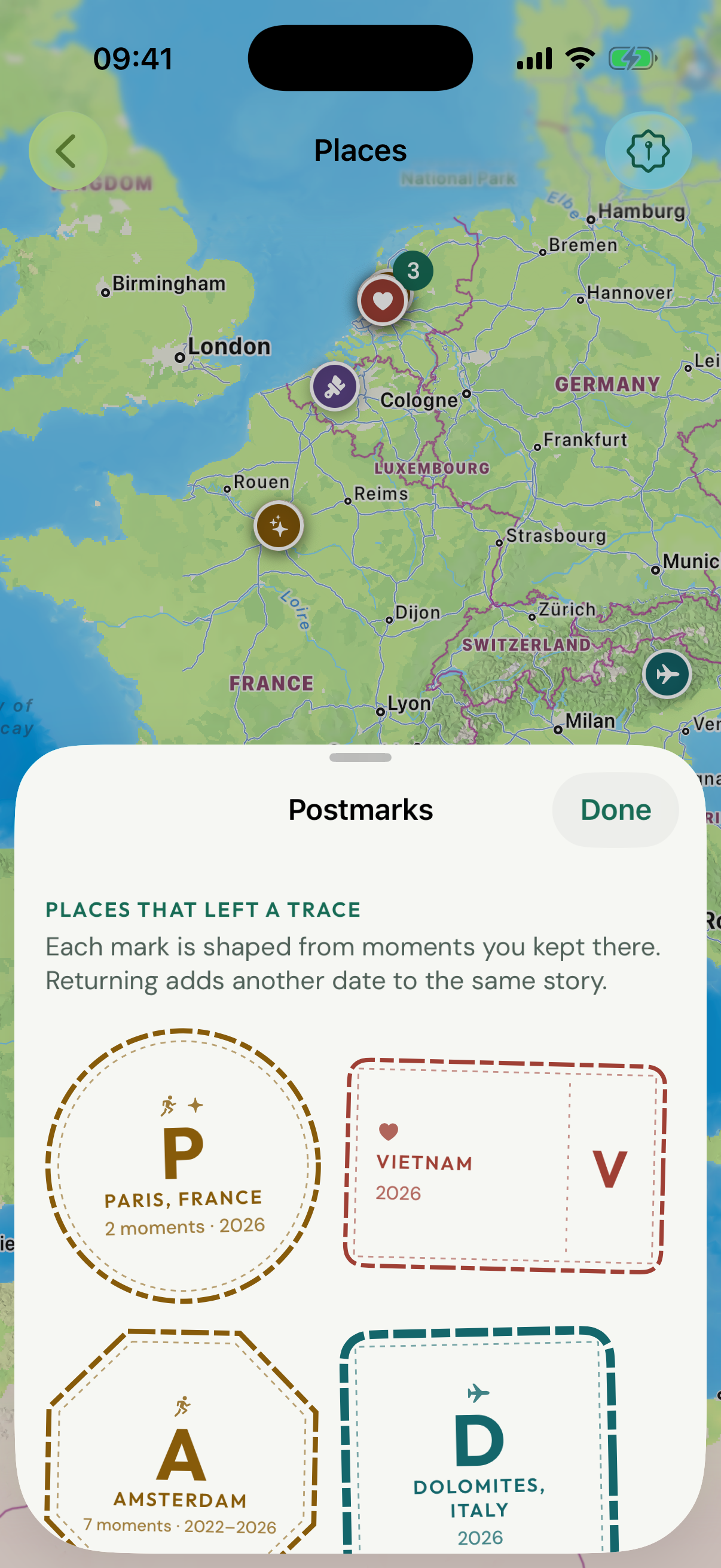 Once & Someday Places map with a collection of personal postmarks
