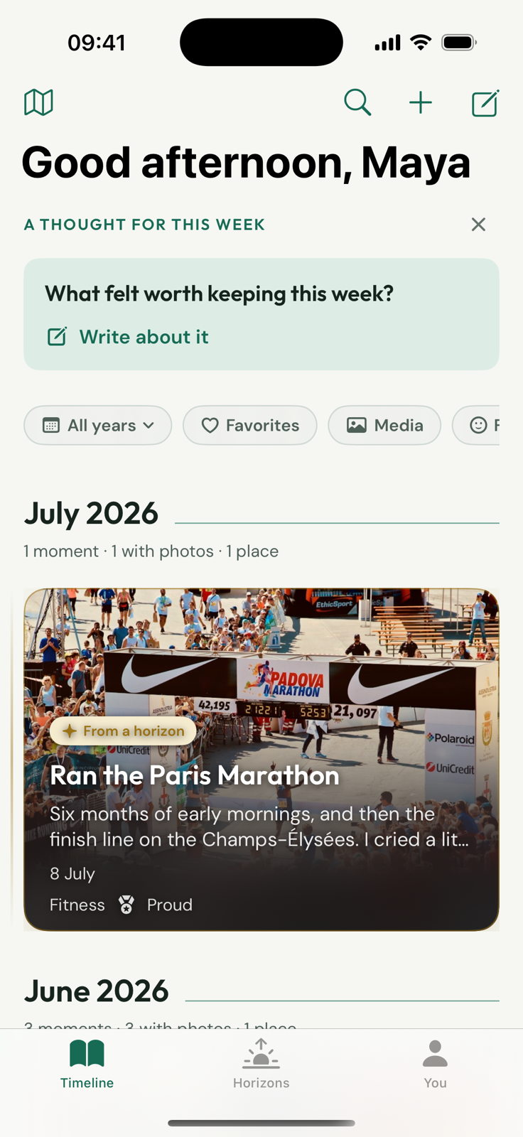 Once & Someday Timeline showing a weekly reflection and a fulfilled marathon Horizon as a Moment