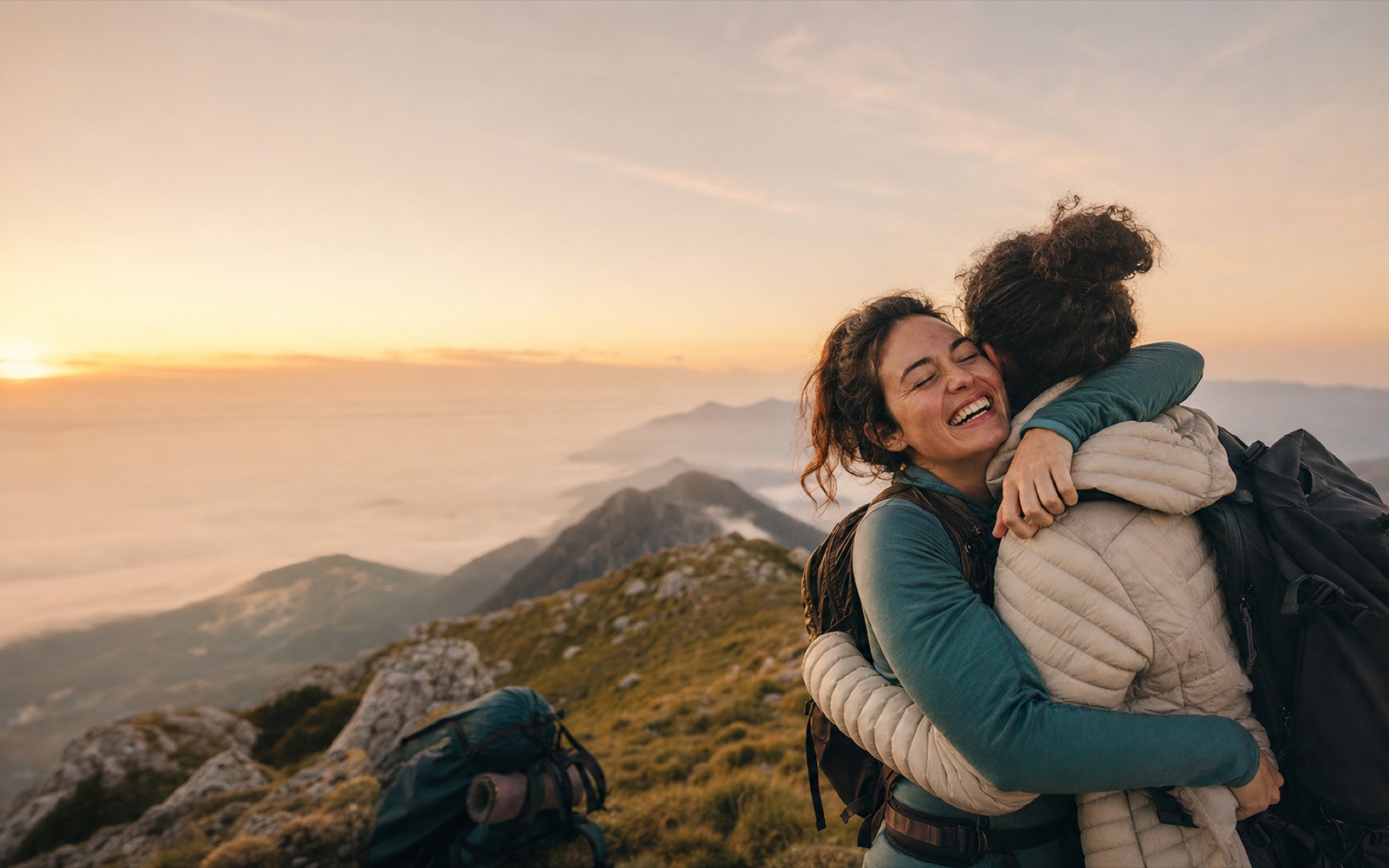 Friends embracing after reaching a mountain ridge at sunrise