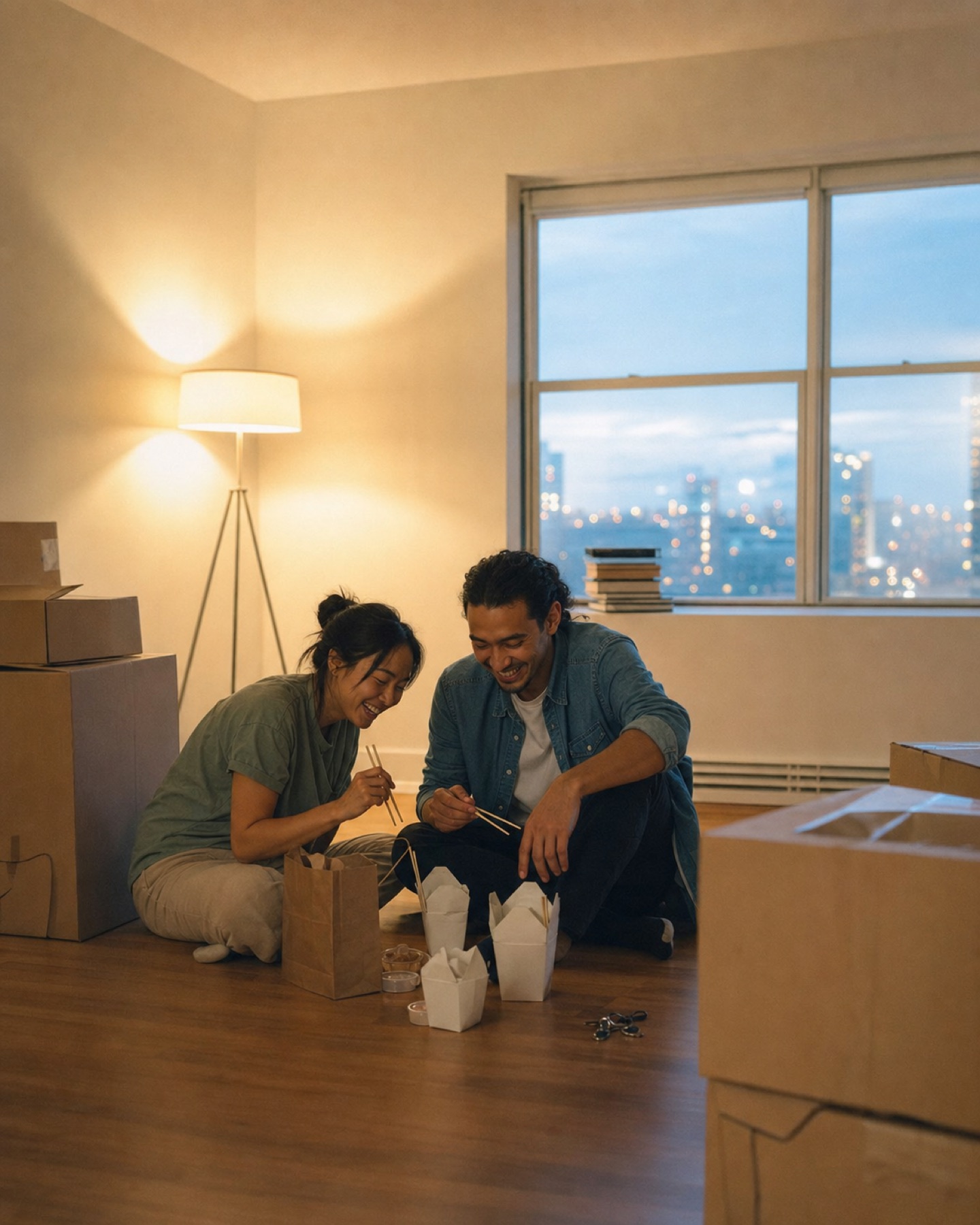 A couple sharing takeaway in their first apartment