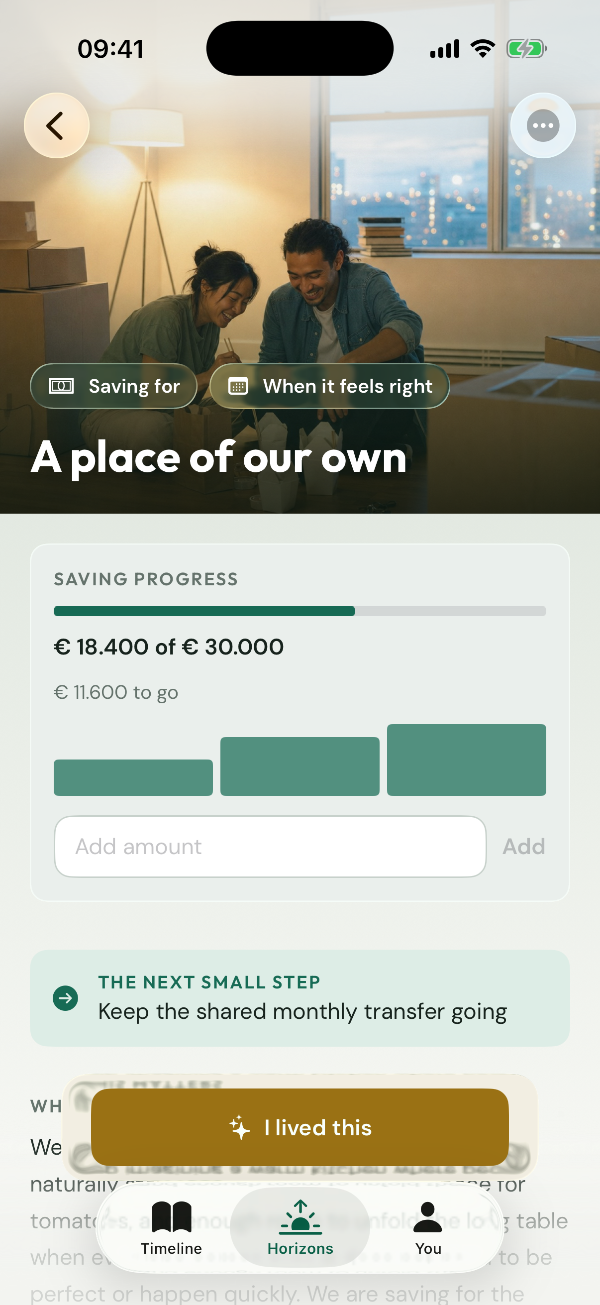 Once & Someday showing A place of our own with saving progress and a next small step