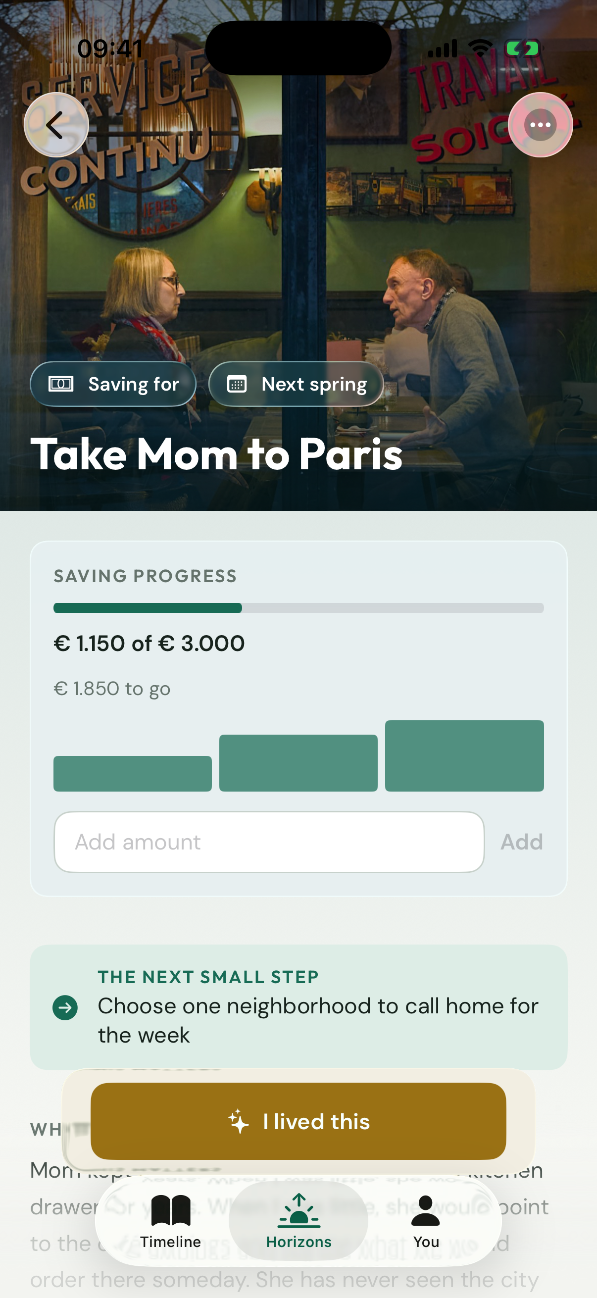 Once & Someday showing the Take Mom to Paris saving Horizon and its personal story